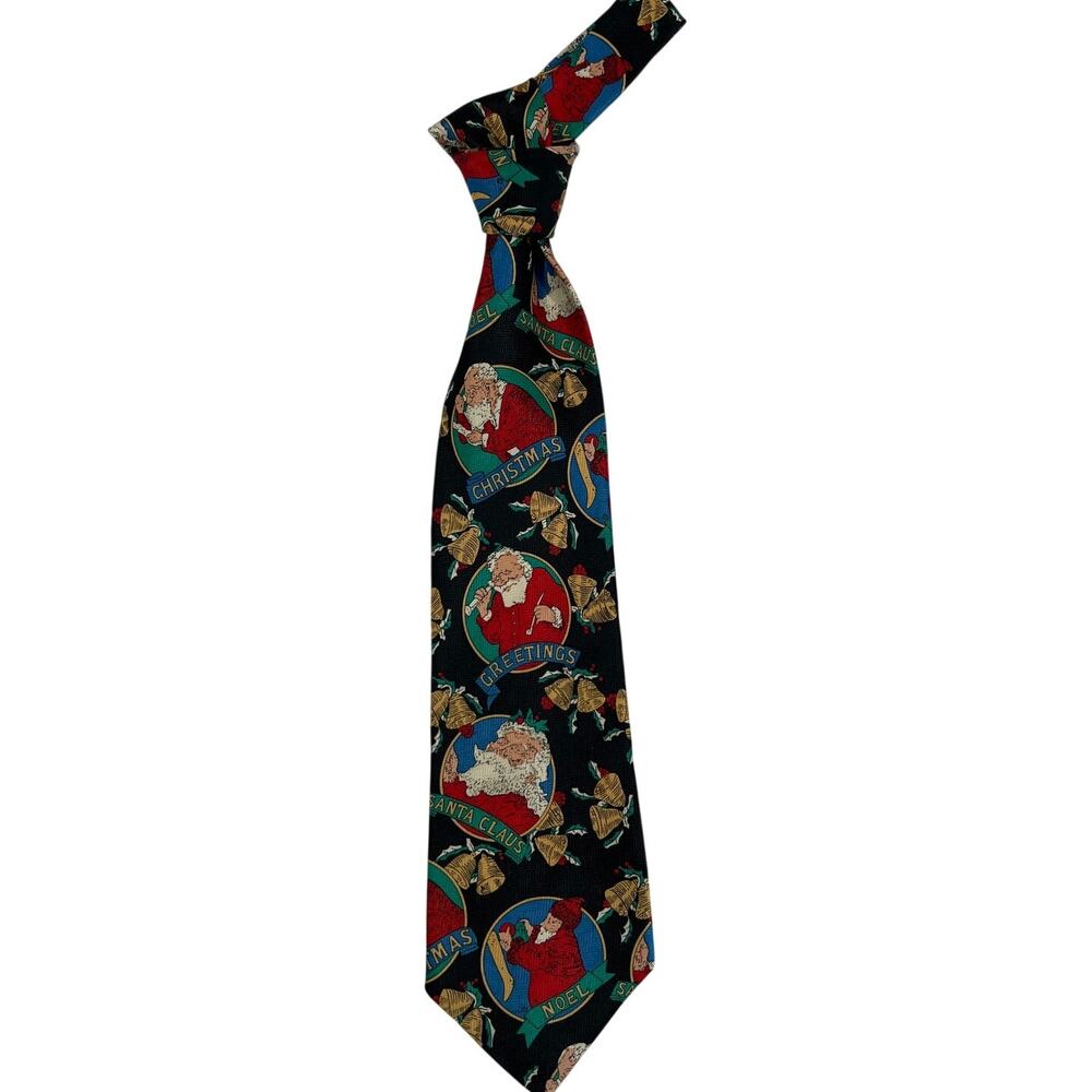 Santa Greetings Christmas Tie 58" Standard Size Black with Santa Claus Faces